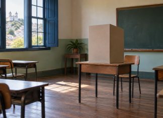 Sala de escola preparada como seção eleitoral, com cabine de votação sobre a mesa