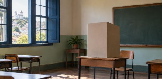 Sala de escola preparada como seção eleitoral, com cabine de votação sobre a mesa