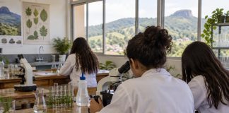 Estudantes em laboratório de ciências durante atividade acadêmica