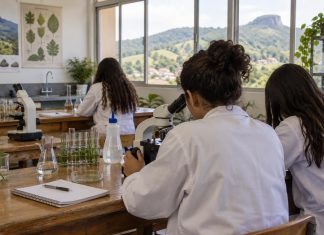 Estudantes em laboratório de ciências durante atividade acadêmica