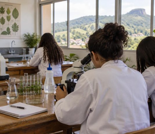 Estudantes em laboratório de ciências durante atividade acadêmica