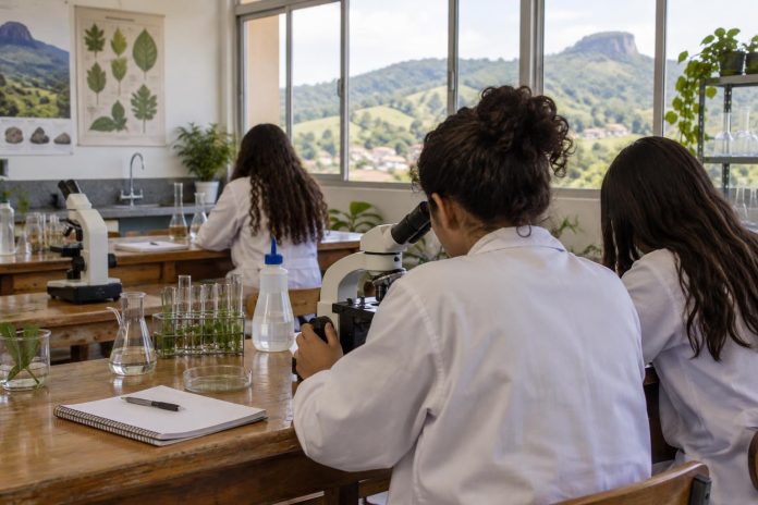 Estudantes em laboratório de ciências durante atividade acadêmica
