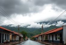 Previsão indica chuva e trovoadas em Barroso na última semana de outubro Céu nublado sobre rua de cidade do interior de Minas Gerais após chuva