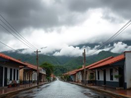 Céu nublado sobre rua de cidade do interior de Minas Gerais após chuva