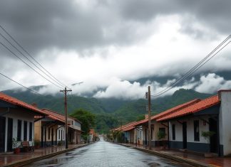 Previsão indica chuva e trovoadas em Barroso na última semana de outubro Céu nublado sobre rua de cidade do interior de Minas Gerais após chuva