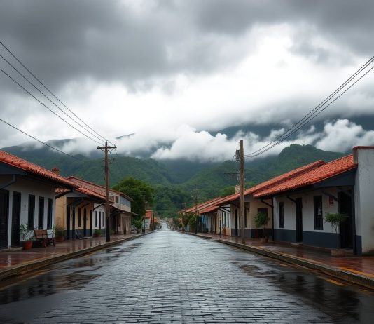 Céu nublado sobre rua de cidade do interior de Minas Gerais após chuva