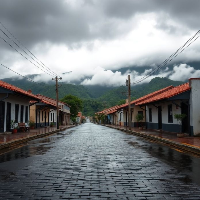 Previsão indica chuva e trovoadas em Barroso na última semana de outubro Céu nublado sobre rua de cidade do interior de Minas Gerais após chuva