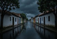 Temporal de 30 minutos destelha casas e derruba árvores em Leopoldina Rua de cidade do interior mineiro sob céu carregado de nuvens de chuva