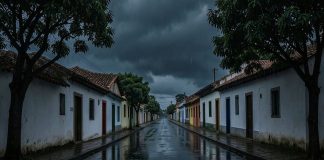 Temporal de 30 minutos destelha casas e derruba árvores em Leopoldina Rua de cidade do interior mineiro sob céu carregado de nuvens de chuva