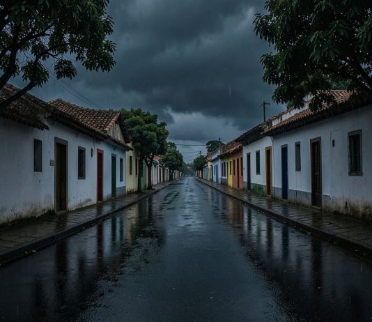 Rua de cidade do interior mineiro sob céu carregado de nuvens de chuva