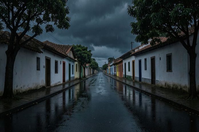 Temporal de 30 minutos destelha casas e derruba árvores em Leopoldina Rua de cidade do interior mineiro sob céu carregado de nuvens de chuva