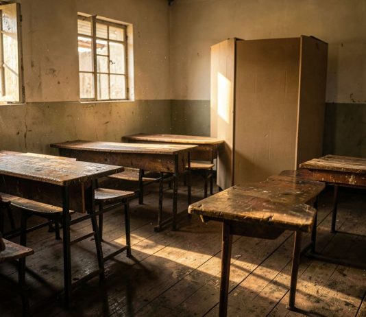 Sala de aula usada como seção eleitoral vazia ao fim da tarde