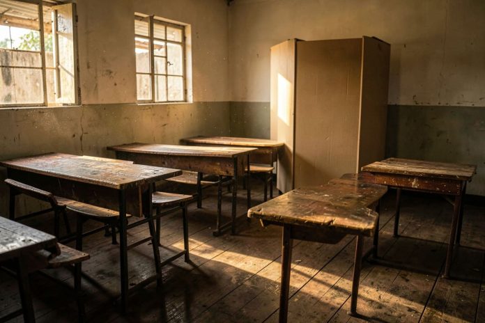 Sala de aula usada como seção eleitoral vazia ao fim da tarde